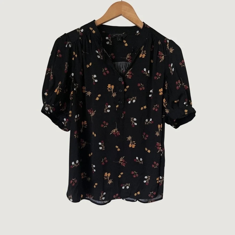Banana Republic Womens Small Black Floral Puff Sleeve Button Front Blouse Top